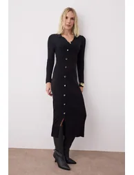 Black Plain Midi Asymmetrical Button Detailed Knitwear Long Dress