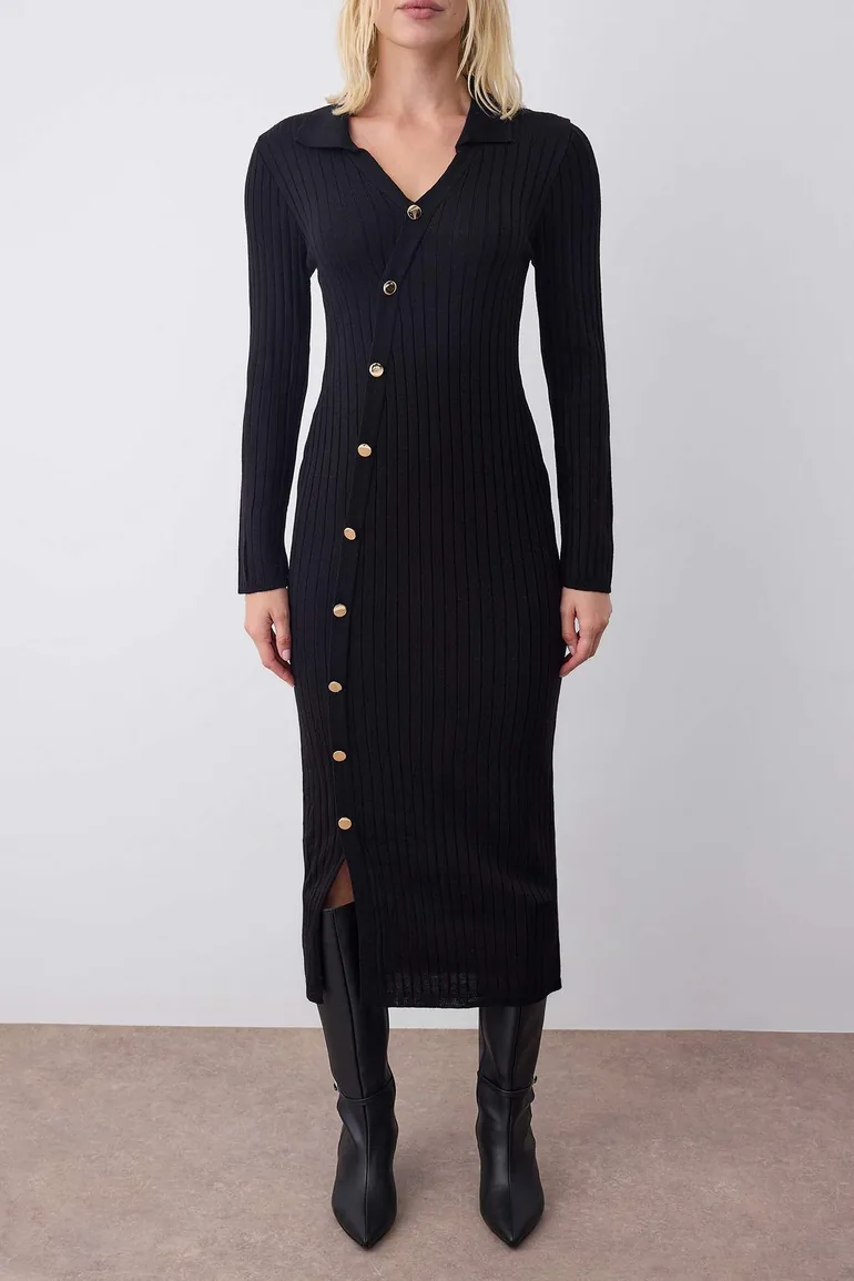 Black Plain Midi Asymmetrical Button Detailed Knitwear Long Dress - 2