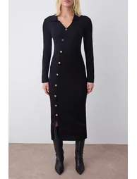Black Plain Midi Asymmetrical Button Detailed Knitwear Long Dress - 2