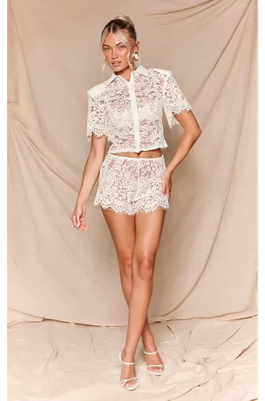 White Sheer Lace Shoulder Padded Shirt