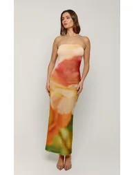 Orange Blur Mesh Flower Bandeau Maxi Dress