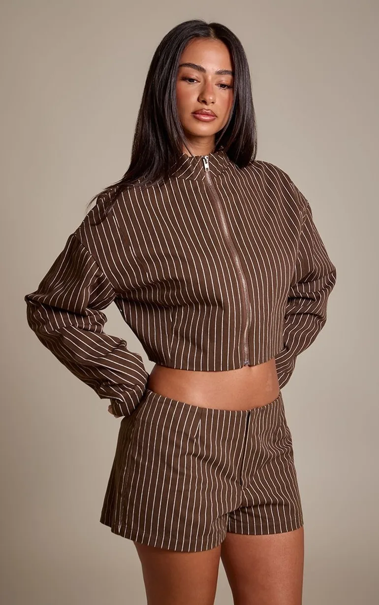 Petite Taupe Pinstripe Twill Zip Up Funnel Neck Jacket - 1