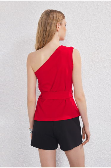 Red Belted Asymmetric Collar Detail Crepe Stretch Knit Top product thumbnail 4