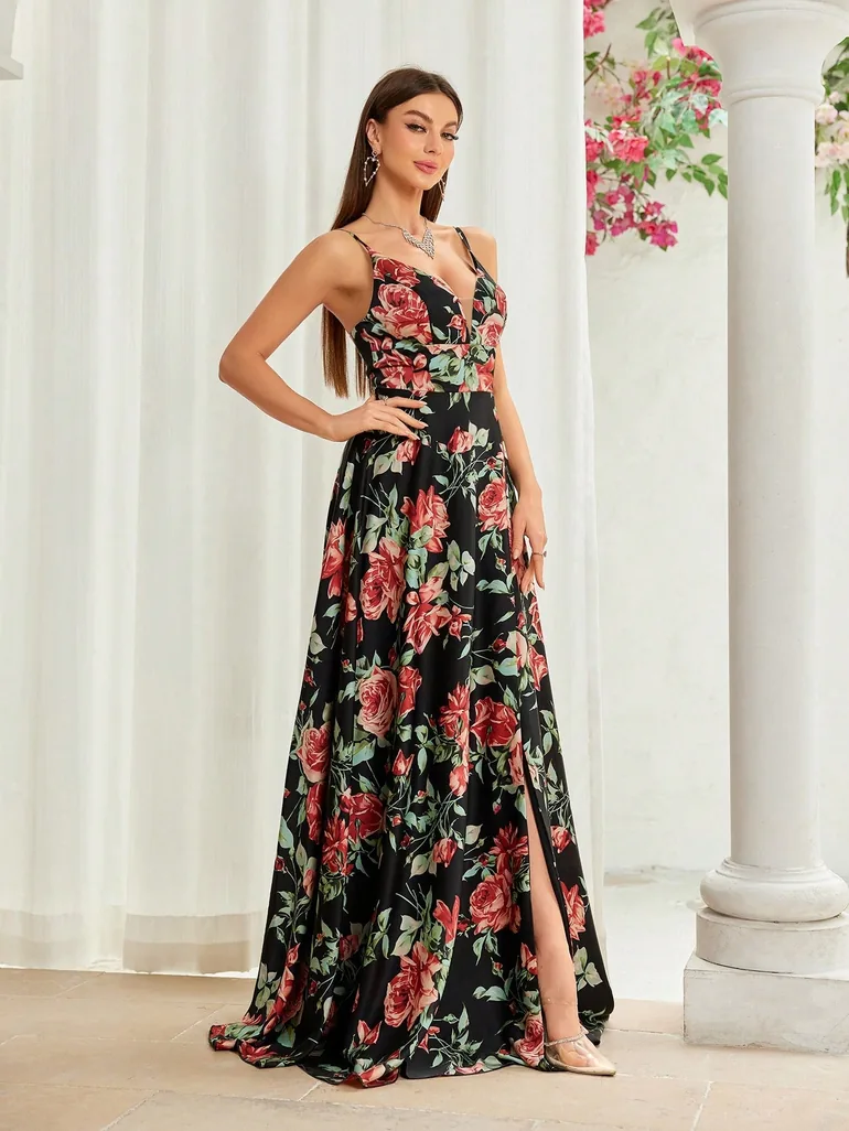 Leely Elegant Spaghetti Straps Sleeveless Printed Party Dress - 3