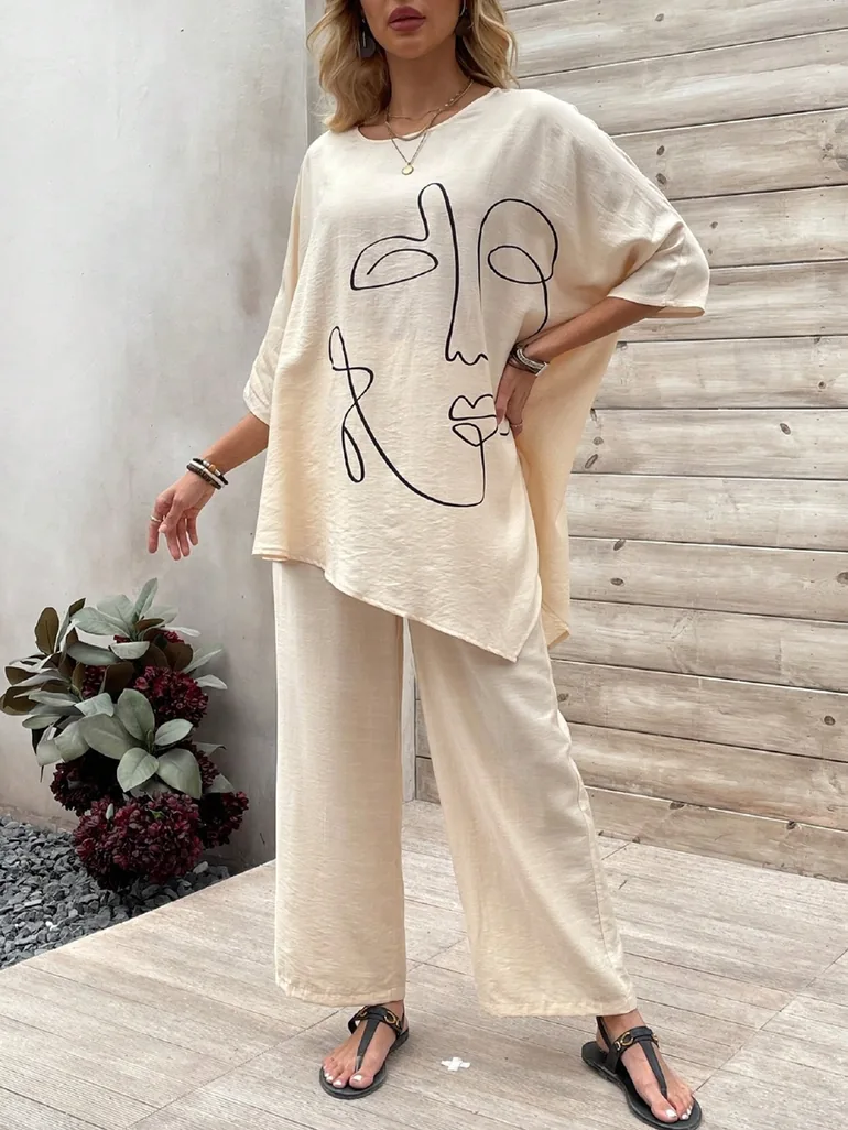 Beige Abstract Face Print Top and Pants Co-Ords - 2