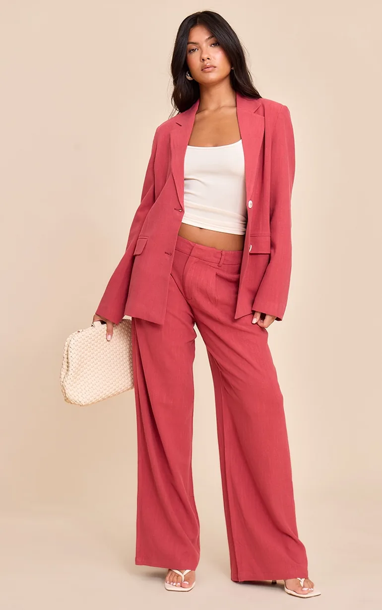 Dark Red Tailored Linen Wide Leg Trousers