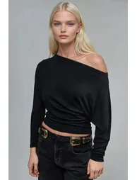 Asymmetrical Collar Long Sleeve Elastic Knit T-Shirt