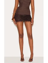 Dark Chocolate Textured Tassel Mini Skirt - 1