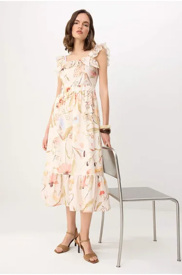 Cream Floral Midi Woven Dress