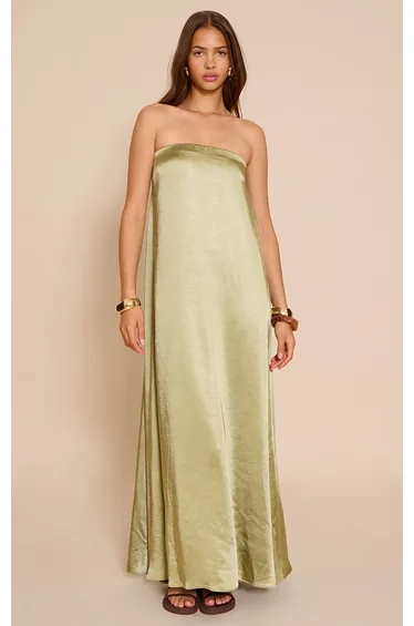 Green Textured Sarin Bandeau Column Dress