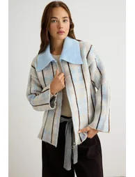Light Blue Plaid Detailed Zippered Oversize Knitwear Cardigan - 1