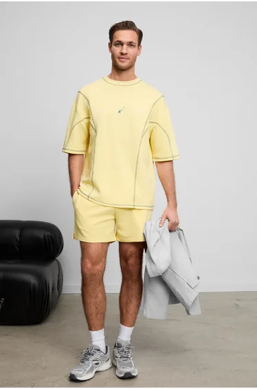 GRIMELANGE JACINTO Men's Crew Neck Cotton Oversized Yellow T-Shirt with Contrast Stitching and Print Details