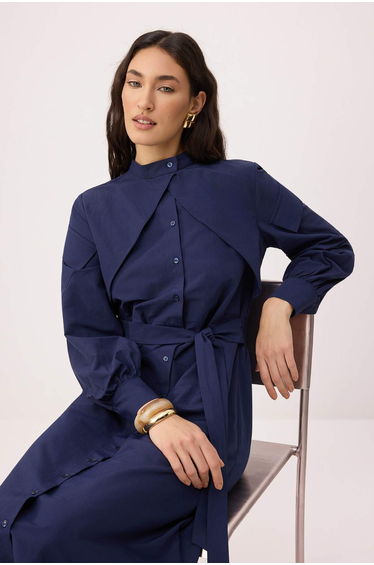 Navy Blue Unlined Plain Woven Terrycotton Hijab Dress product thumbnail 2