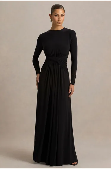 Estrella | Black High-Neck Maxi Dress With Ruched Detailing
