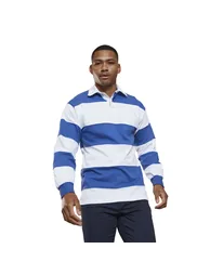 Front Row Mens Stripe Sewn Rugby Polo Shirt - White/Royal Blue - 1