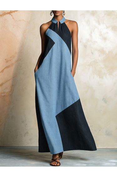 Zipper Split-Joint Pockets Contrast Color Sleeveless Loose Halter-Neck Maxi Dresses product thumbnail 2