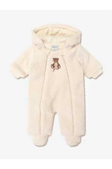 Guess Baby Faux Fur Hooded Pramsuit with Ears in Beige