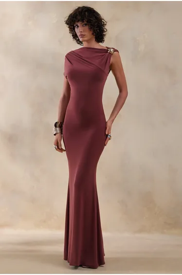 Blaire | Brown Asymmetric-Neck Maxi Dress With Gold-Detailing