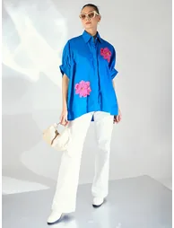 Blue Floral Sequined Oversized Shirt