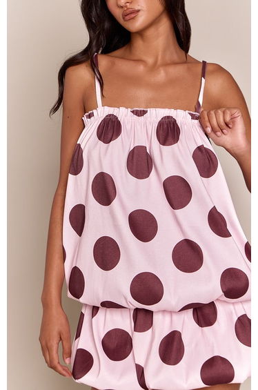 Pink Polka Dot Stretch Woven Bagged Over Mini Dress product thumbnail 4