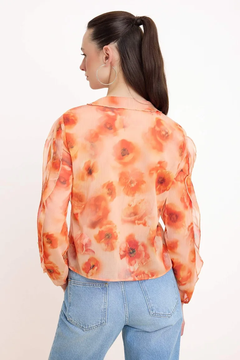 Orange-Multicolor Floral Ruffle Detailed Flowy Shirt - 3