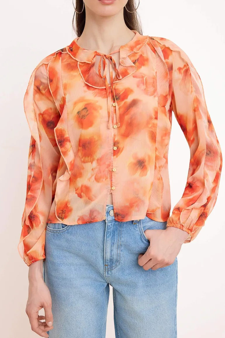 Orange-Multicolor Floral Ruffle Detailed Flowy Shirt - 2