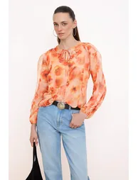 Orange-Multicolor Floral Ruffle Detailed Flowy Shirt - 1
