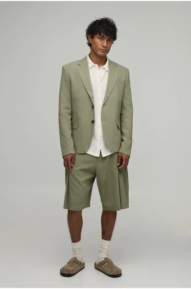 Linen Look Wide Fit Pleat Front Tailored Jorts - olive