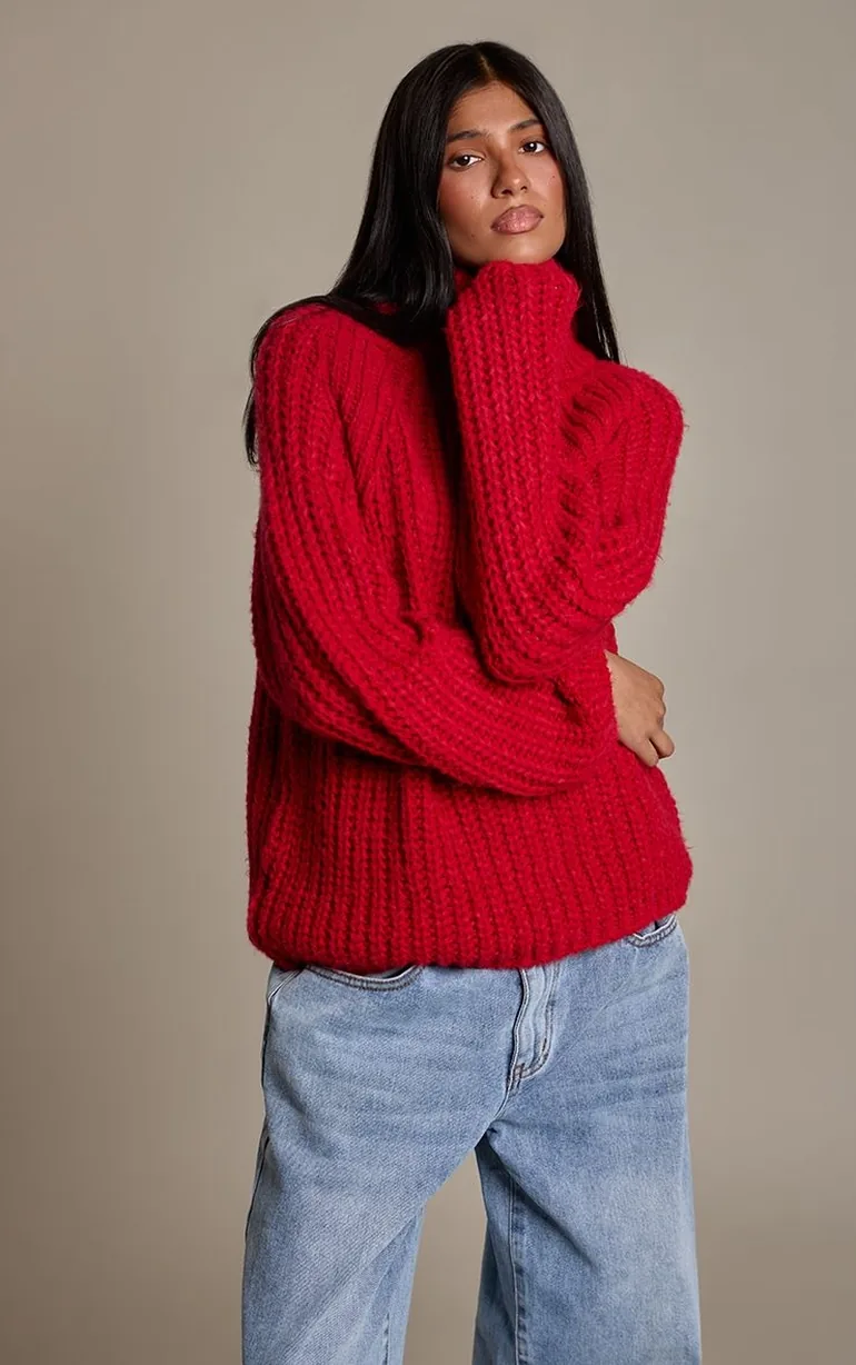 Red Chunky Fisherman Knit Roll Neck Oversized Jumper - 1