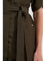 Linen Twill Top Stitch Belted Top With Gold Studs - 2