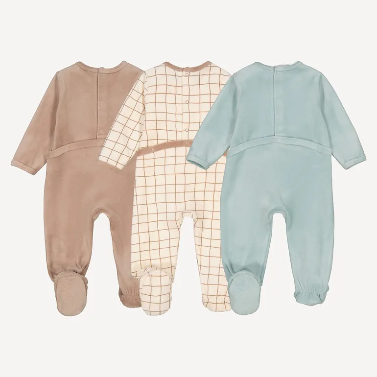 Pack of 3 Sleepsuits in Check/Animal Print Velour - 2