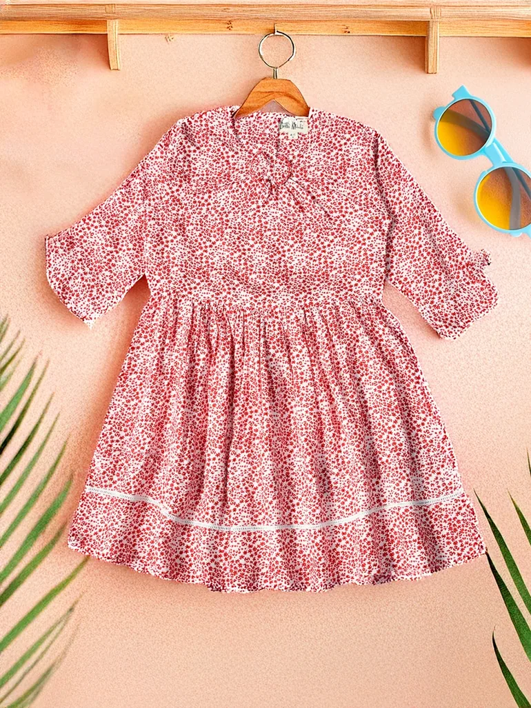 Floral Print Gathered Cotton Dress with Bow Detail