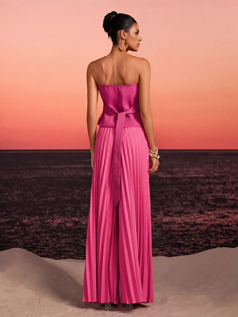 Fendro Strapless Crystal Pleated Pants Set In Hot Pink - 5