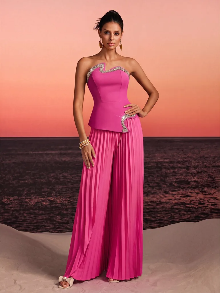 Fendro Strapless Crystal Pleated Pants Set In Hot Pink - 1