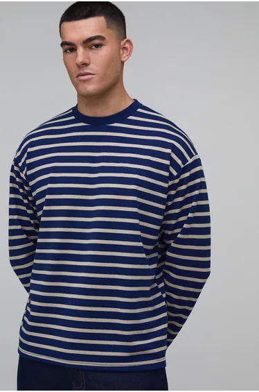 Interlock Striped Oversized Long Sleeve T- Shirt - navy