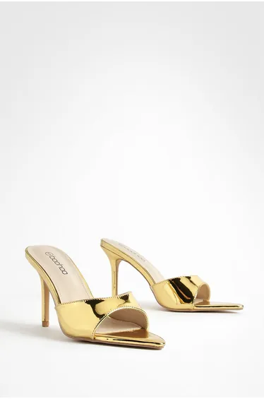 Low Stiletto Pointed Toe Heeled Mules - gold