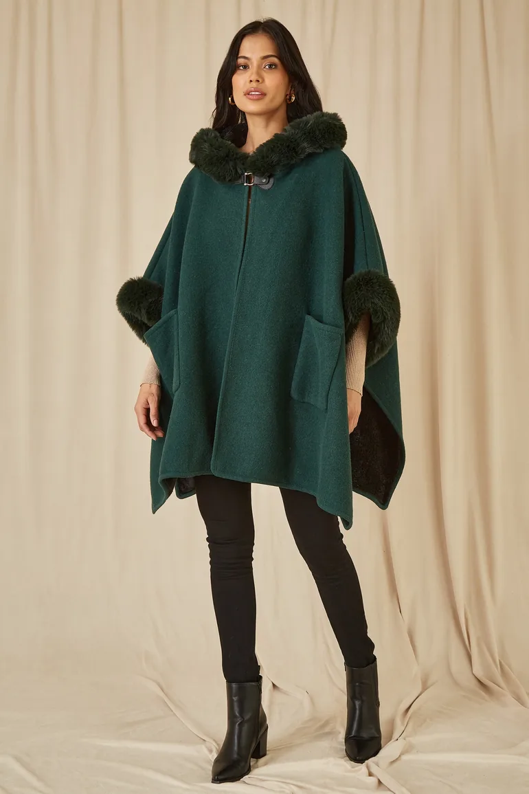 Yumi Green Cape With Luxe Fur Trim And Lining - 6