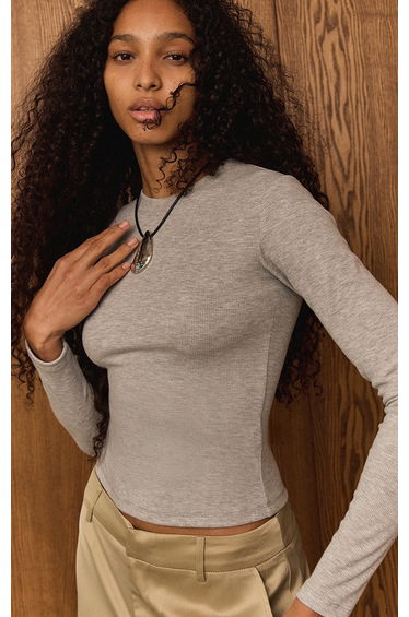 Grey Marl Soft Rib Crew Neck Long Sleeve Top