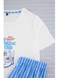 White-Blue Printed and Striped Knitted Pajama Set - 5