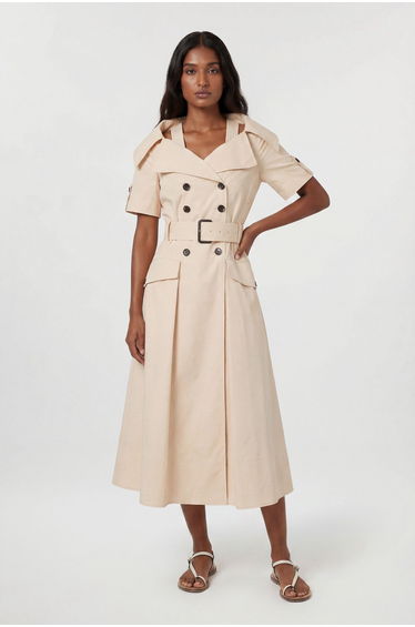 Tailored Cotton Trench Belted Full Skirted Midi Dress