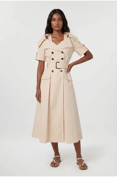 Tailored Cotton Trench Belted Full Skirted Midi Dress