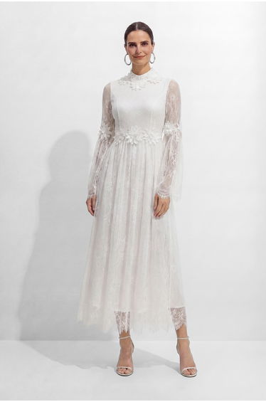 Bright Beauty White Floral Applique Sheer Lace Maxi Dress