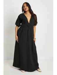 فستان ماكسي مزموم بربطة لون أسود - للحوامل - 2