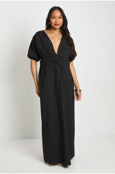 Maternity Ruched Tie Front Maxi Dress - black