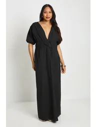 فستان ماكسي مزموم بربطة لون أسود - للحوامل