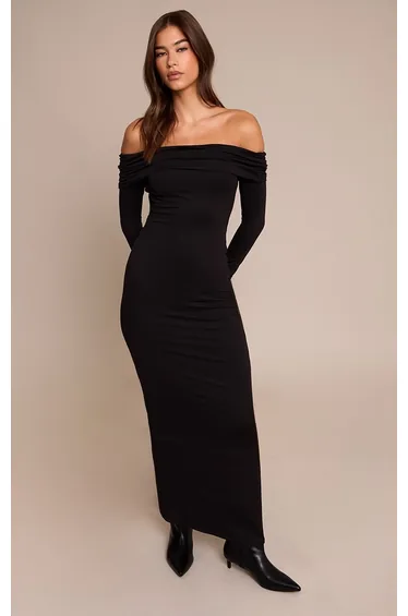 فستان ماكسي جيرسية بأكتاف مكشوفة - أسود