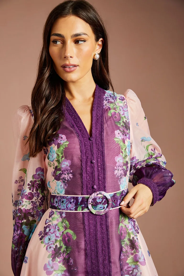 Long Sleeve Organza Midi Dress With Belt - 3