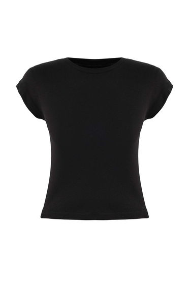 Black Fitted/Bodycon Moon Sleeve Short Sleeve Cotton Ribbed Knitted T-Shirt