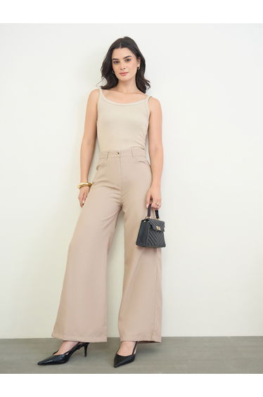 Beige High Rise Wide Leg Pants