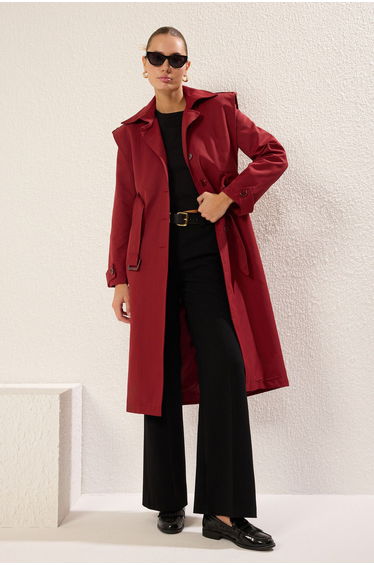 Burgundy Belted Stitching Detail Regular Long Trench Coat